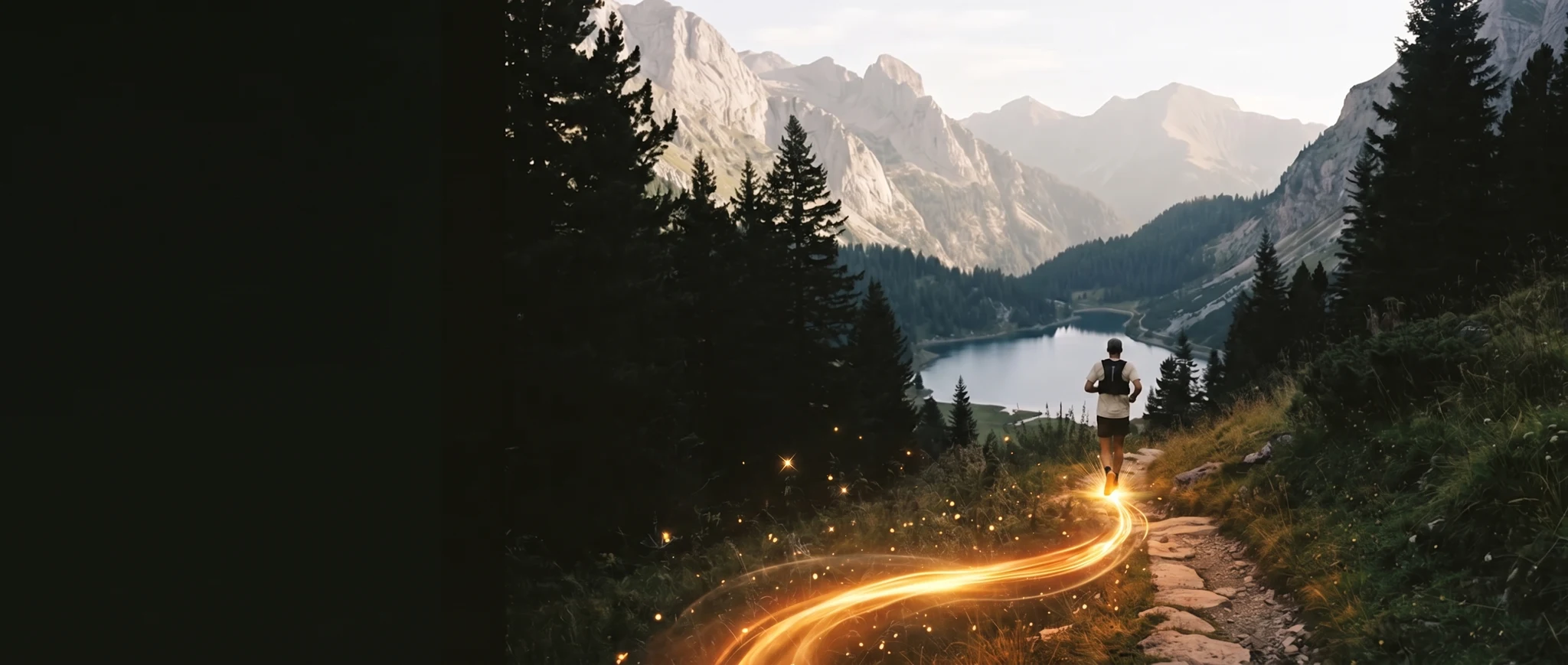 A runner above an alpine lake, leaving a luminous orange-gold trail ending beneath his shoe